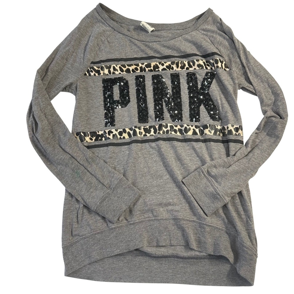 Victorias Secret PINK Sequin Logo Leopard Stripe Long Sleeve Top Gray Small